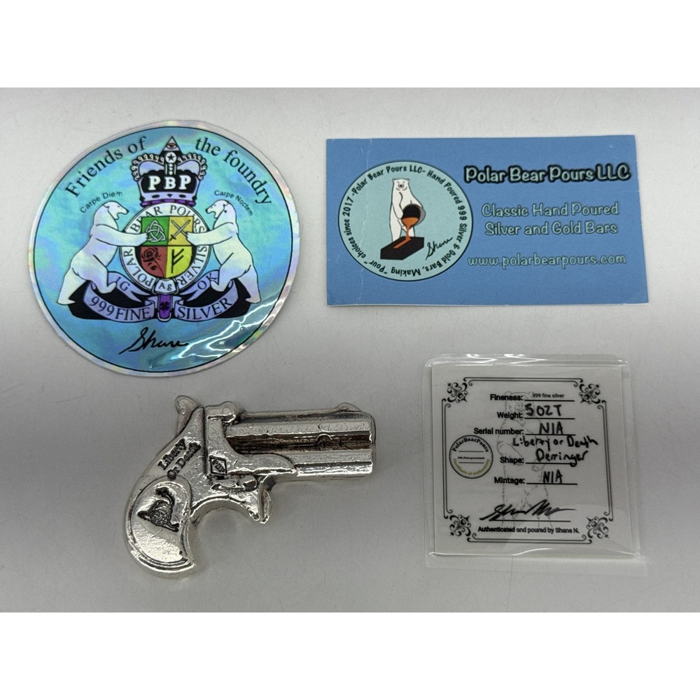 Polar Bear Pours 5 oz .999 Silver Hand Poured Derringer Bar Liberty or Death COA